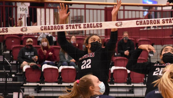 Chadron State Freshman Rhiannon Nez (Navajo) had five blocks, five kills in 3 set win over South Dakota Mines