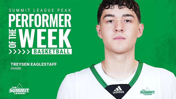 Treysen Eaglestaff (Cheyenne River Sioux) has been named the Summit League Men’s Basketball Peak Performer of the Week